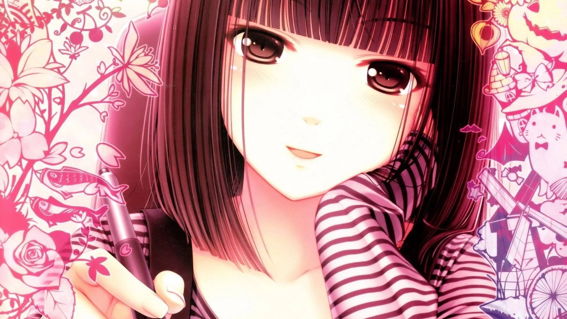 girly pink aesthetic 桌布 壁紙 — 一個年輕的動漫女孩，深色頭髮，穿著條紋襯衫，拿著一支筆，周圍環繞著粉紅色花卉和異想天開的插圖。