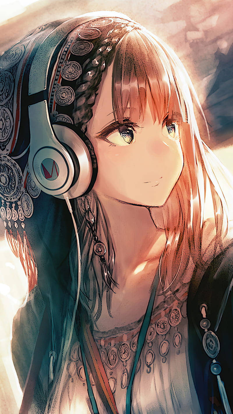 Anime Girl Phone 桌布 壁紙 — 一個年輕的動漫女孩，辮子頭髮，戴著耳機，在溫暖發光的背景下溫柔地微笑。