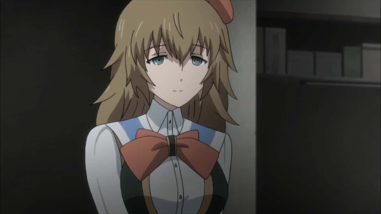 Yuki Amane 桌布 壁紙 — 一個年輕的動漫女孩，金髮藍眼，在昏暗的房間裡穿著白色襯衫和紅色領結。