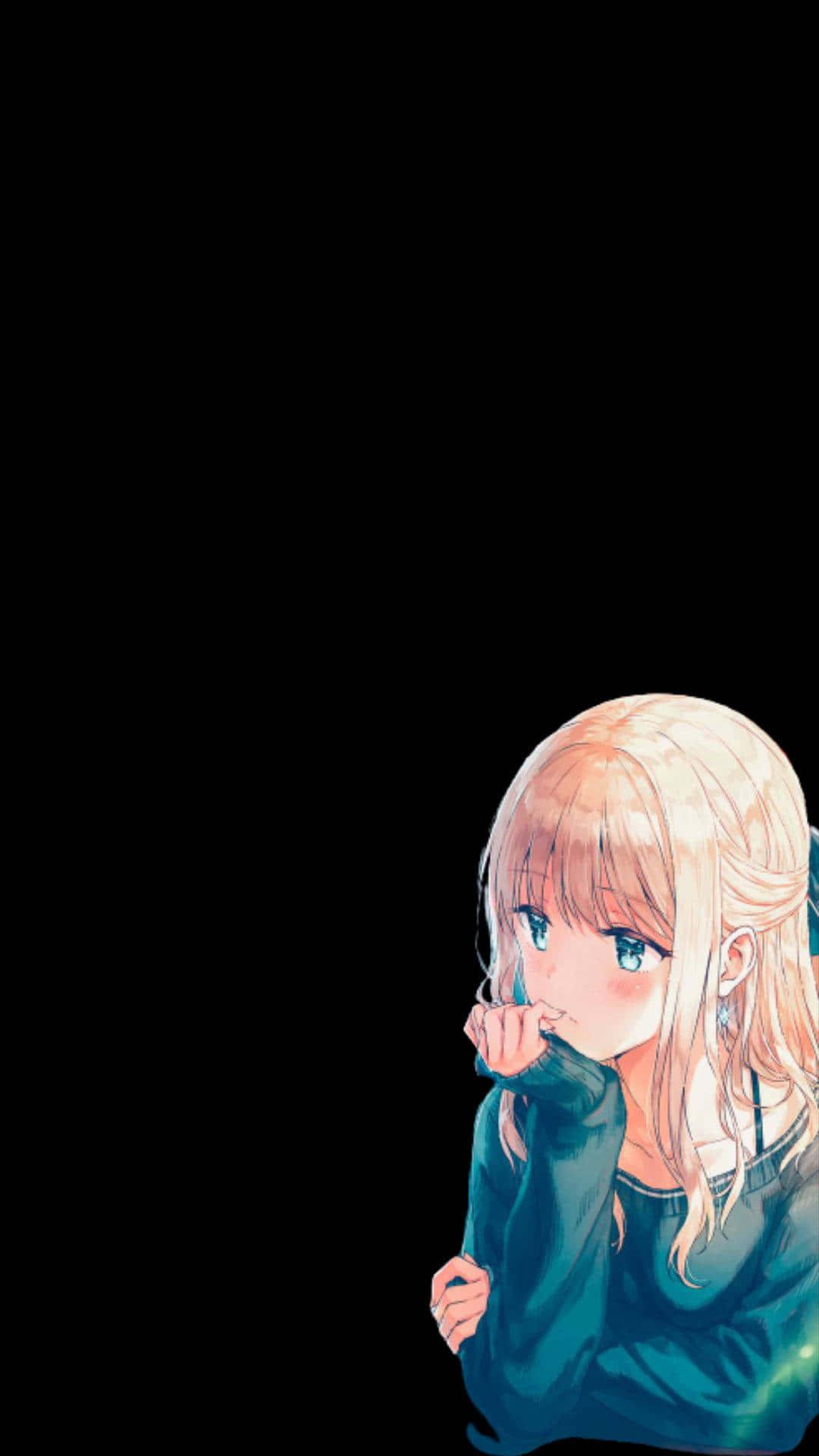 Sad Anime Death 桌布 壁紙 — 一個年輕的動漫女孩，金髮藍眼，從右下角探出頭來，背景是純黑色，身穿青綠色毛衣。
