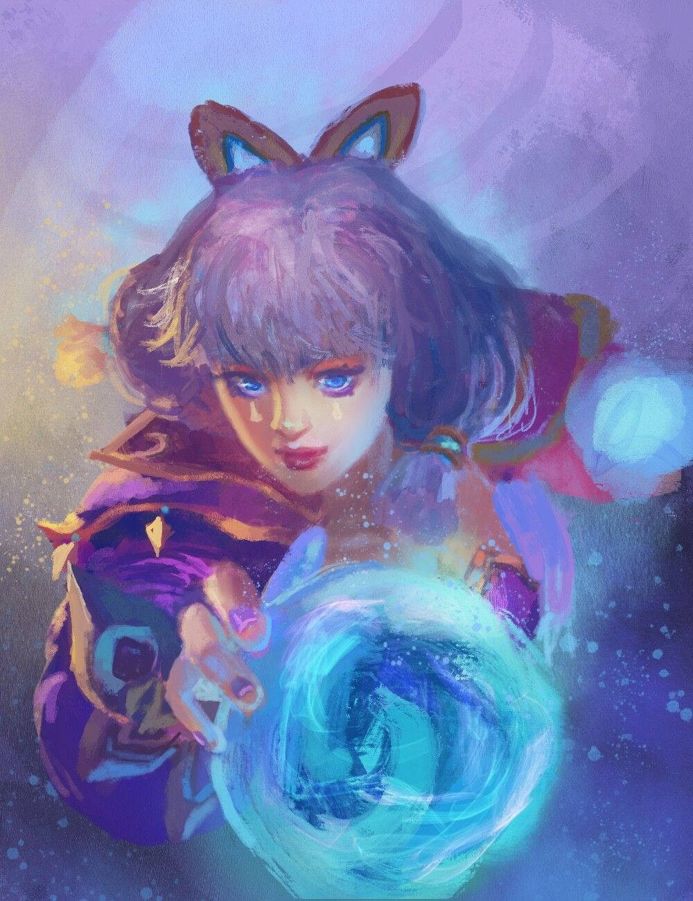 Guinevere 桌布 壁紙 — 一個年輕的動漫女孩，長著貓耳朵和紫色頭髮，在夢幻般的紫色背景下，淚流滿面地抱著一個發光的藍色球體。