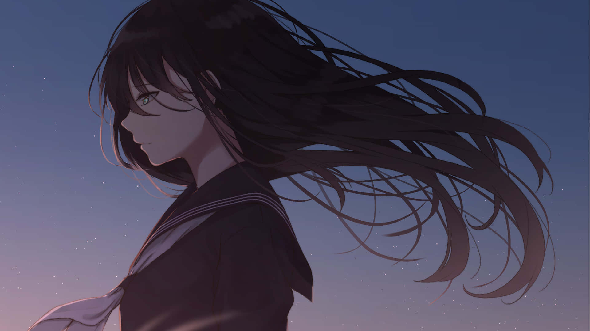 Animated 桌布 壁紙 — 一個年輕的動漫女孩，長長的黑髮和綠色的眼睛，側目凝視著點綴著星星的暮色天空。
