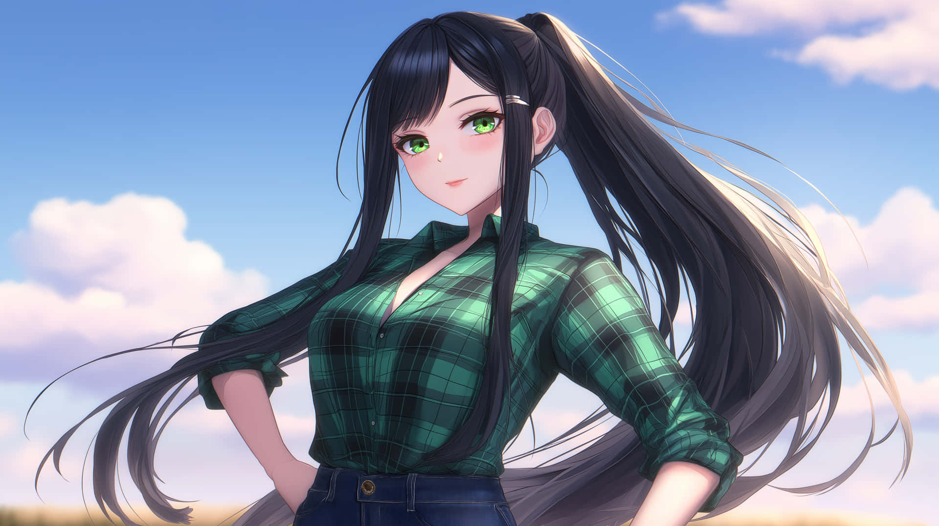 Anime Style Woman in Plaid Shirt with Ponytail Outdoors 壁紙 — 一個年輕的動漫女孩，長長的黑髮和綠色的眼睛，自信地穿著綠色格子襯衫，背景是明亮的藍天和蓬鬆的雲朵。