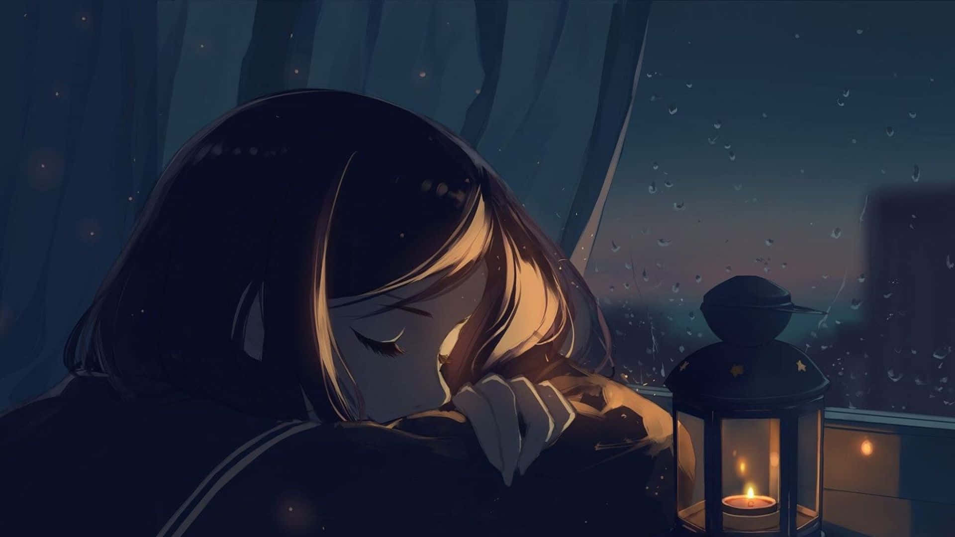 Beautiful Sad Anime 桌布 壁紙 — 一個年輕的動漫女孩在昏暗的房間裡，在雨痕斑斑的窗邊，在發光的燈籠旁安然入睡。
