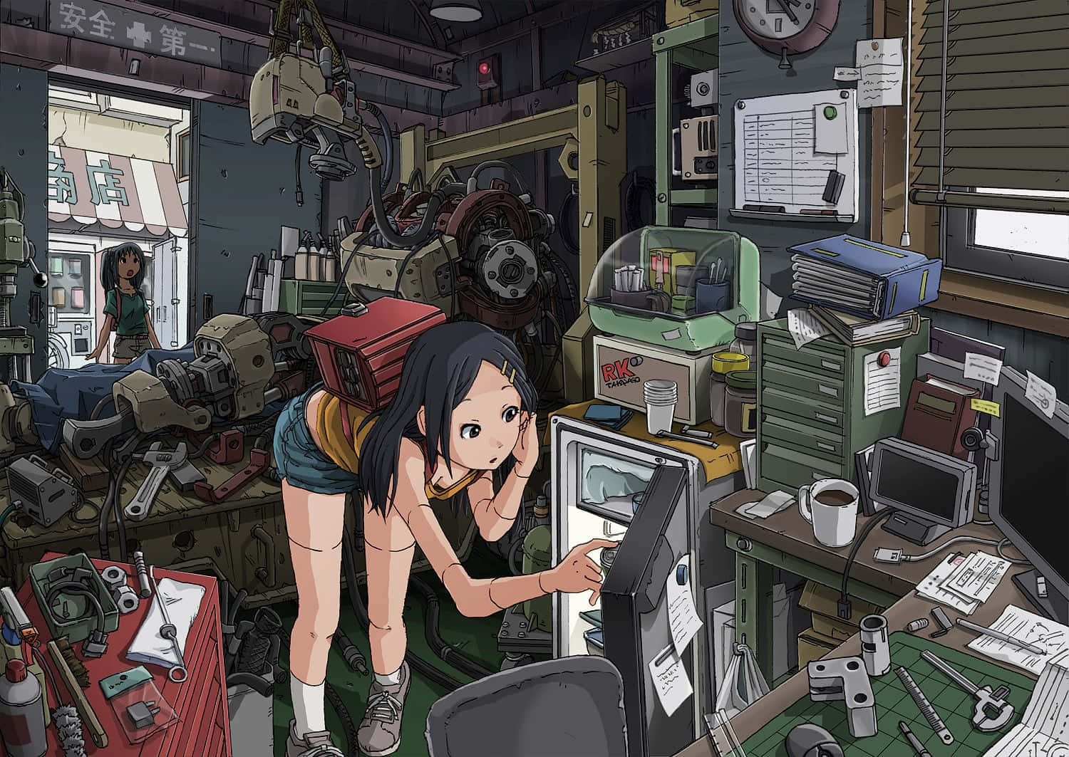Aesthetic Anime Bedroom 桌布 壁紙 — 一個年輕的動漫女孩在雜亂的工作室裡，俯身於電腦顯示器前，周圍是機械零件和工具。