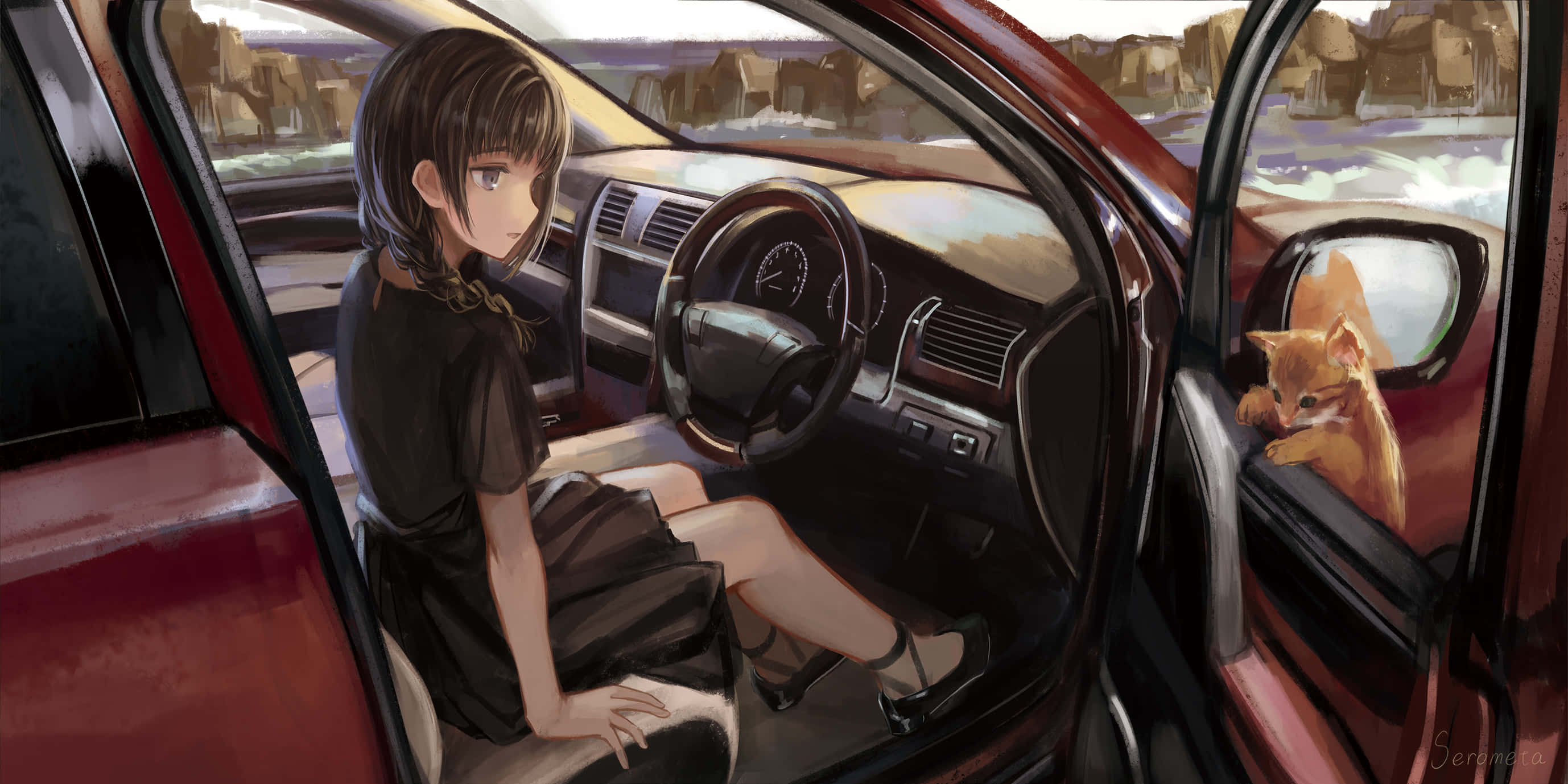 Inside Car 桌布 壁紙 — 一個年輕的動漫女孩坐在一輛紅色汽車裡，一隻薑黃色的貓從打開的車門探出頭來，背景是沙漠。