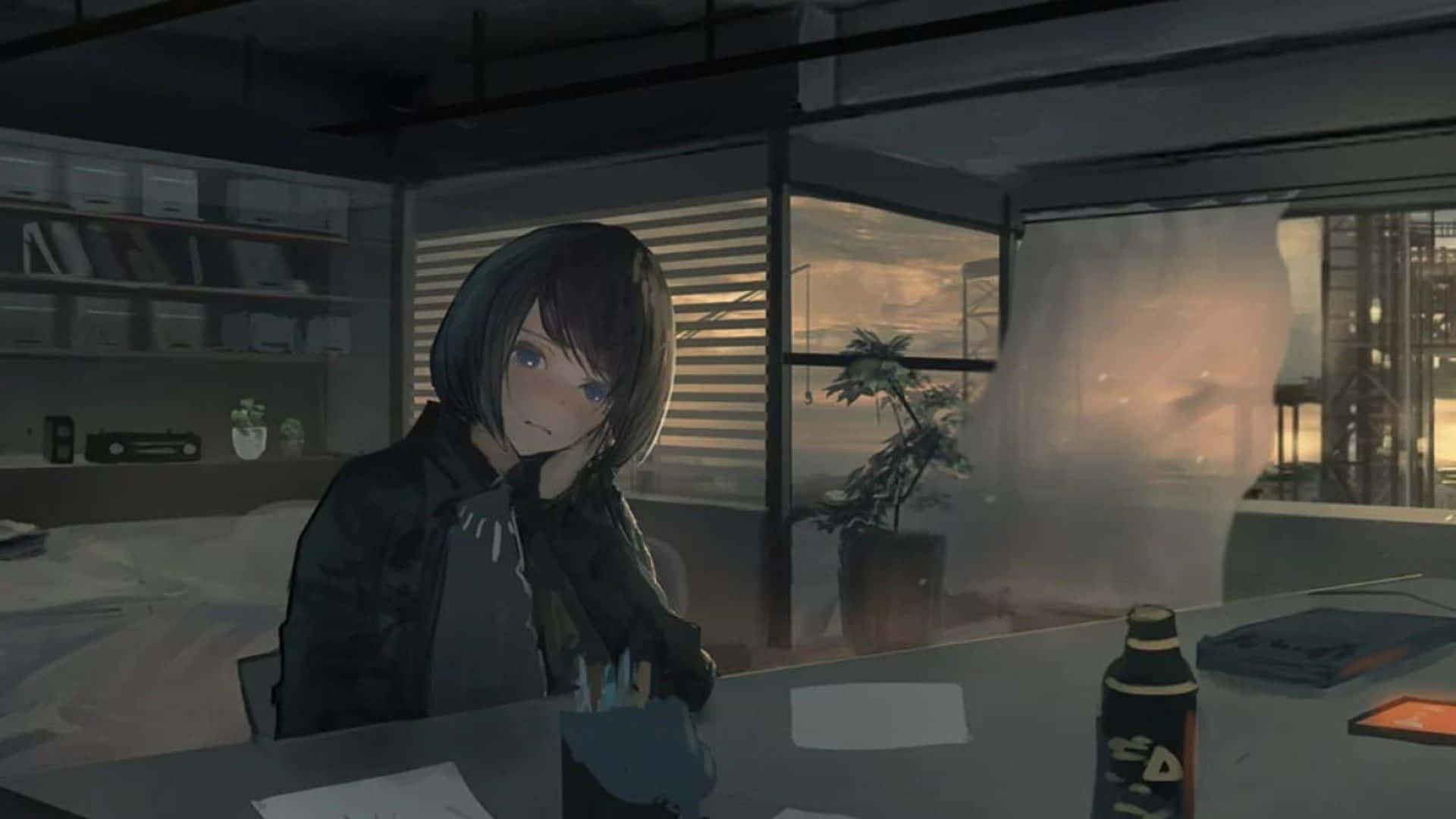 Aesthetic Anime Bedroom 桌布 壁紙 — 一個年輕的動漫女孩坐在光線昏暗的辦公室書桌前，夕陽透過百葉窗照射進來。