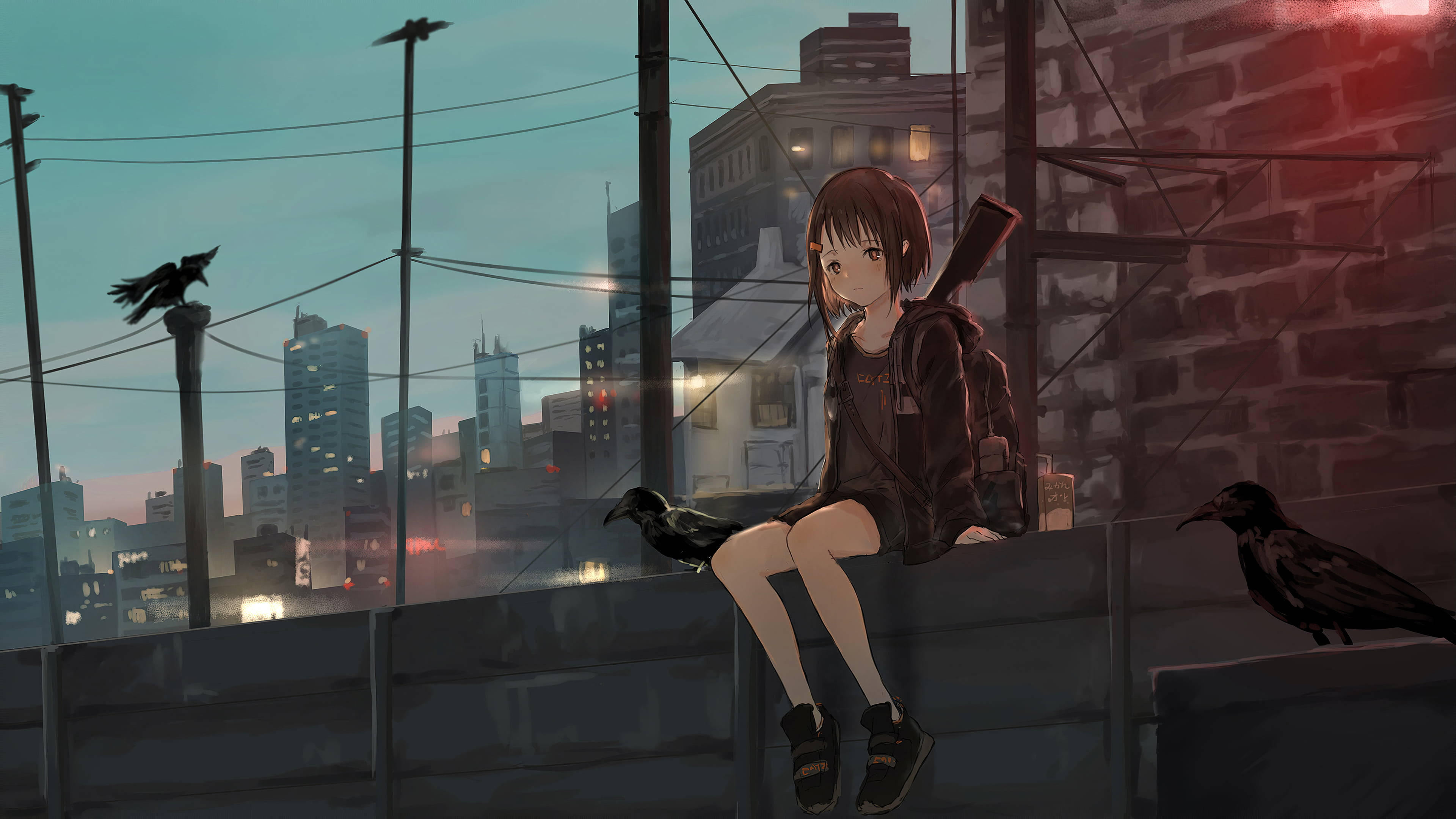 aesthetic sad anime girl 桌布 壁紙 — 一個年輕的動漫女孩坐在屋頂邊緣，烏鴉相伴，城市燈光在暮色天空中閃耀。