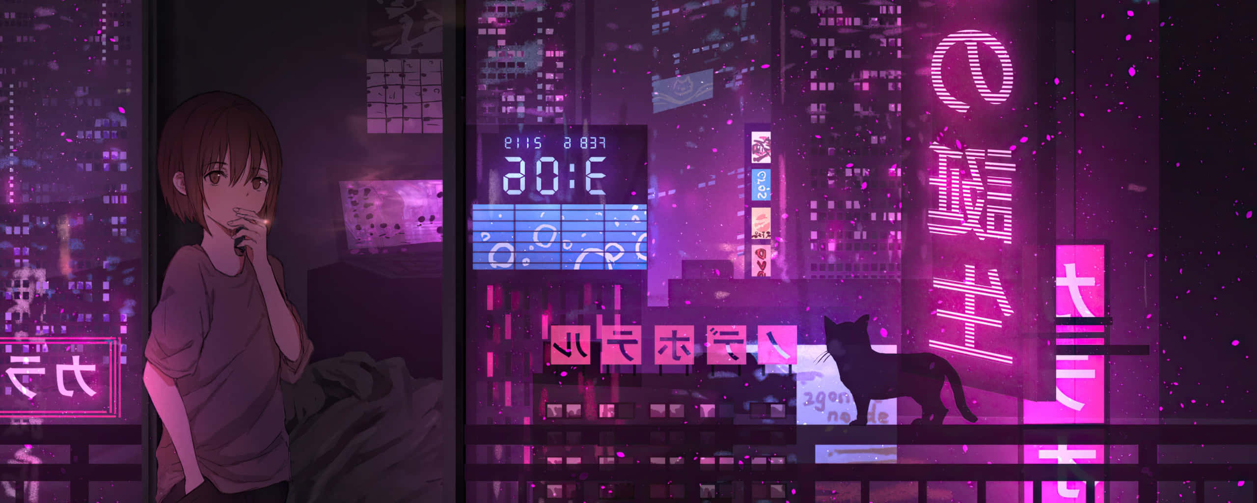 動漫女孩 桌布 壁紙 — 一個年輕的動漫女孩坐在窗邊，窗外是夜晚霓虹閃爍的賽博龐克城市景觀，旁邊有一隻貓的剪影。