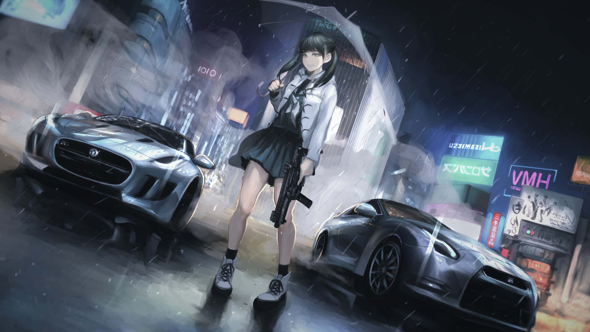 桌布 壁紙 — 一個年輕的動漫女孩拿著雨傘和步槍，站在兩輛時尚跑車之間，在霓虹燈下，夜晚的雨景賽博朋克城市中。