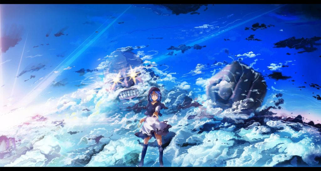 Anime Cloud 桌布 壁紙 — 一個年輕的動漫女孩挑釁地站在雲海上，巨大的怪物面孔從她頭頂的天空中浮現。