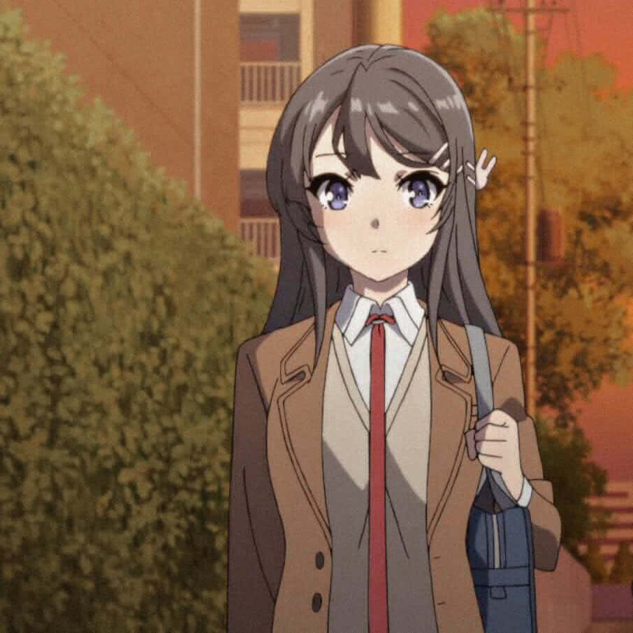 Anime Girl Black Hair 桌布 壁紙 — 一個年輕的動漫女孩穿著校服，背著背包站在戶外，周圍是秋天的樹葉和溫暖的日落光線。