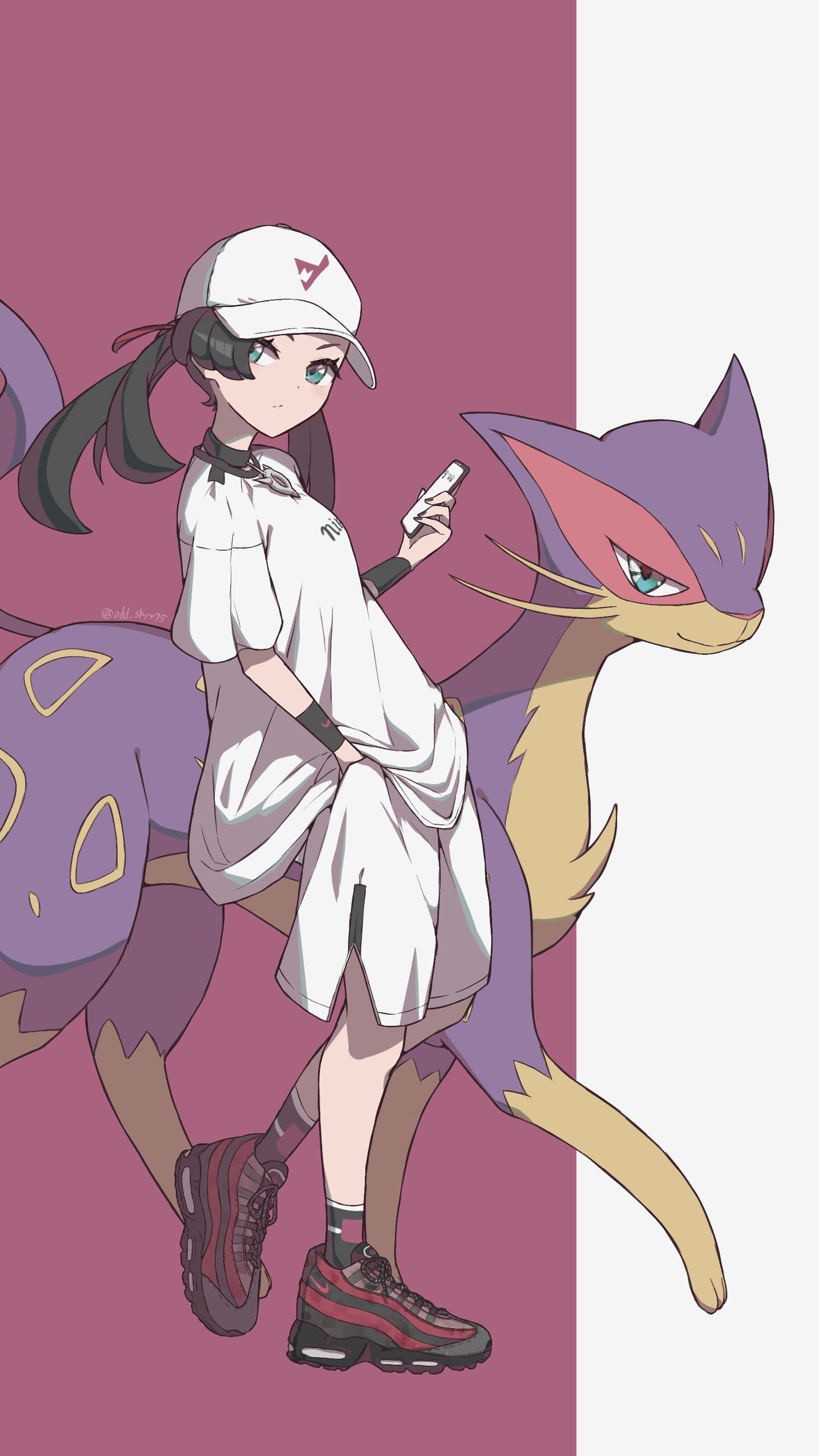 動漫女孩 桌布 壁紙 — 一個年輕的動漫女孩穿著白色服裝和帽子，站在一隻紫色的貓型寶可夢旁邊，寶可夢拿著一個裝置，背景是粉紅色和白色分開的。