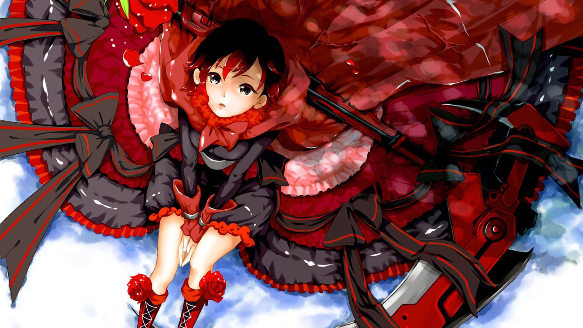 Rwby 桌布 壁紙 — 一個年輕的動漫女孩穿著紅黑荷葉邊服裝，漂浮在雲層中，手持大型機械武器。