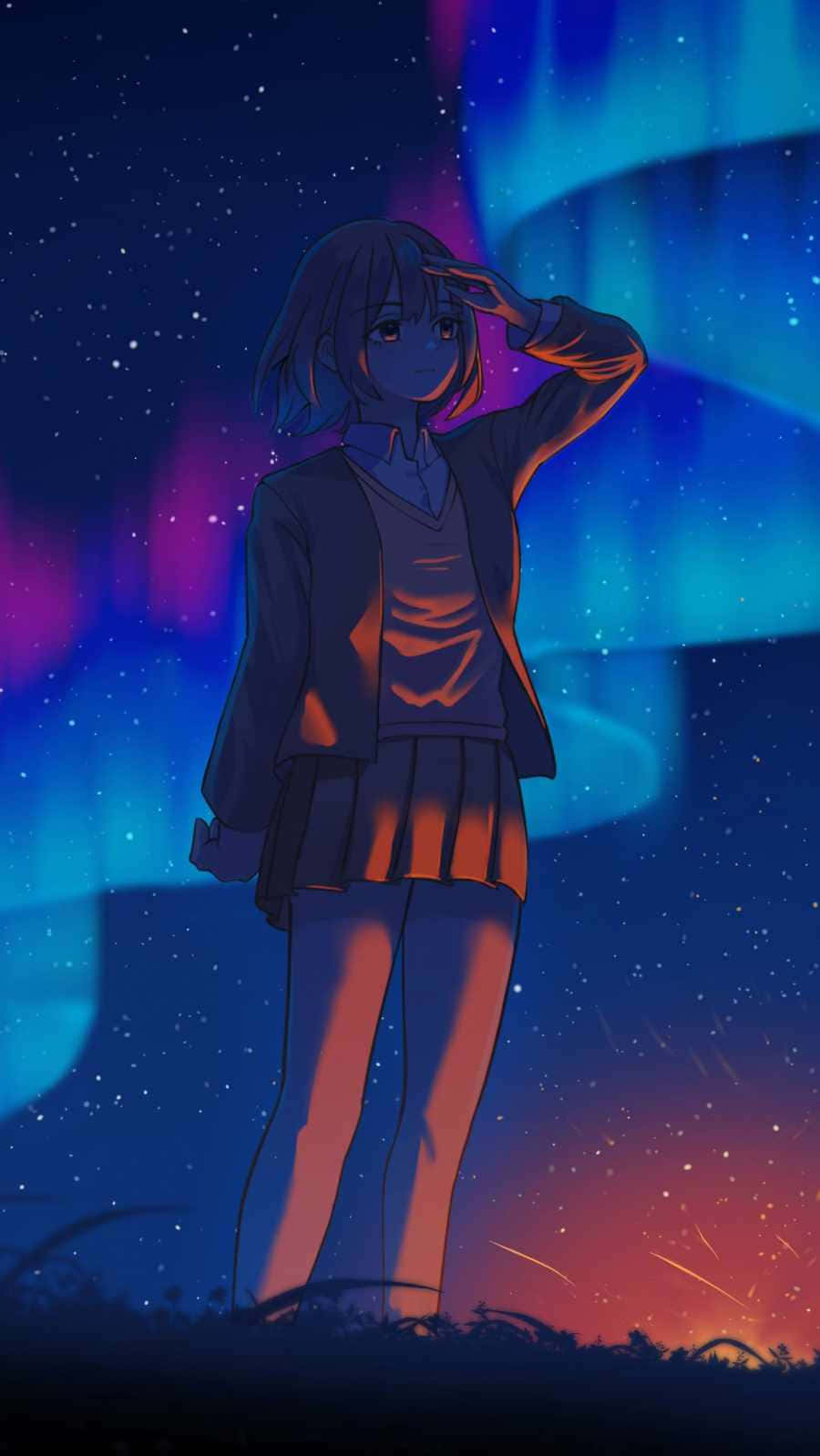 女孩 桌布 壁紙 — 一個年輕的動漫女孩站在充滿活力的北極光下，星星和墜落的餘燼照亮了她的剪影。