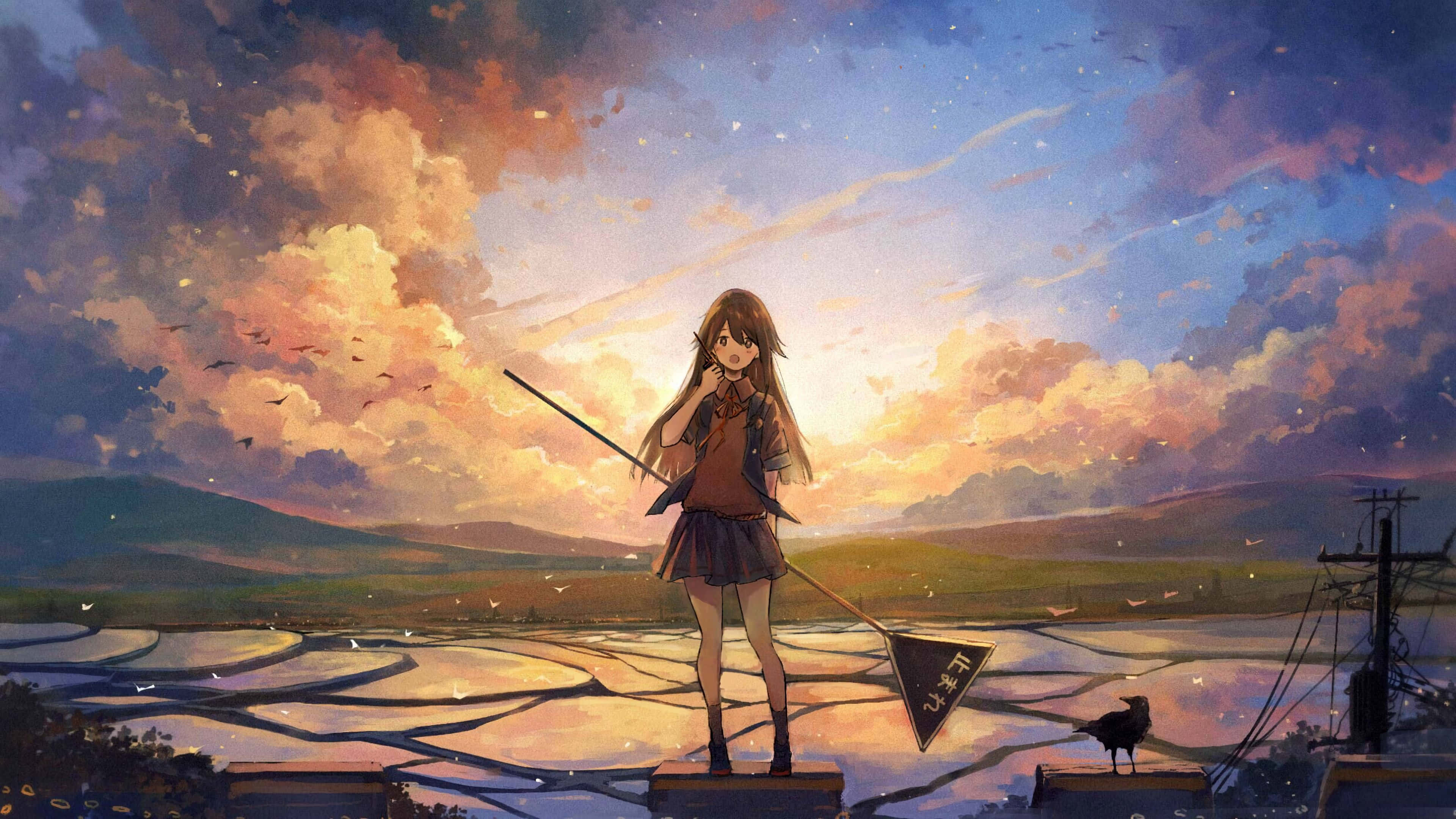 Anime Sky 桌布 壁紙 — 一個年輕的動漫女孩站在屋頂上，在夕陽映照的天空下舉著旗幟，鳥兒在稻田上空飛翔。