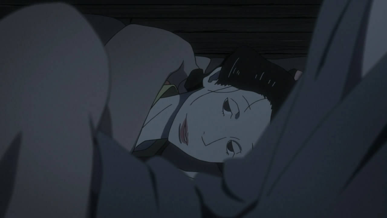 saraiya goyou 桌布 壁紙 — 一個年輕的動漫女孩蜷縮在陰影黑暗中，臉上帶著溫柔的微笑。