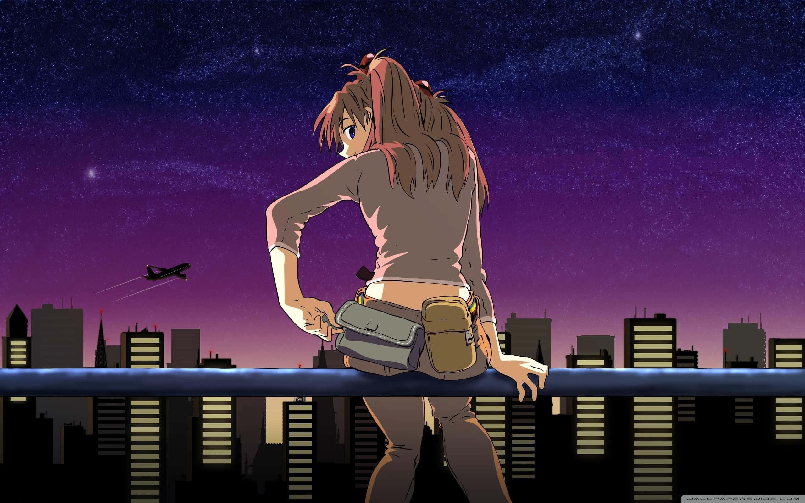 桌布 壁紙 — 一個年輕的動漫女孩靠在屋頂欄杆上，俯瞰著星空紫色夜空下的城市天際線和一架飛行的飛機。