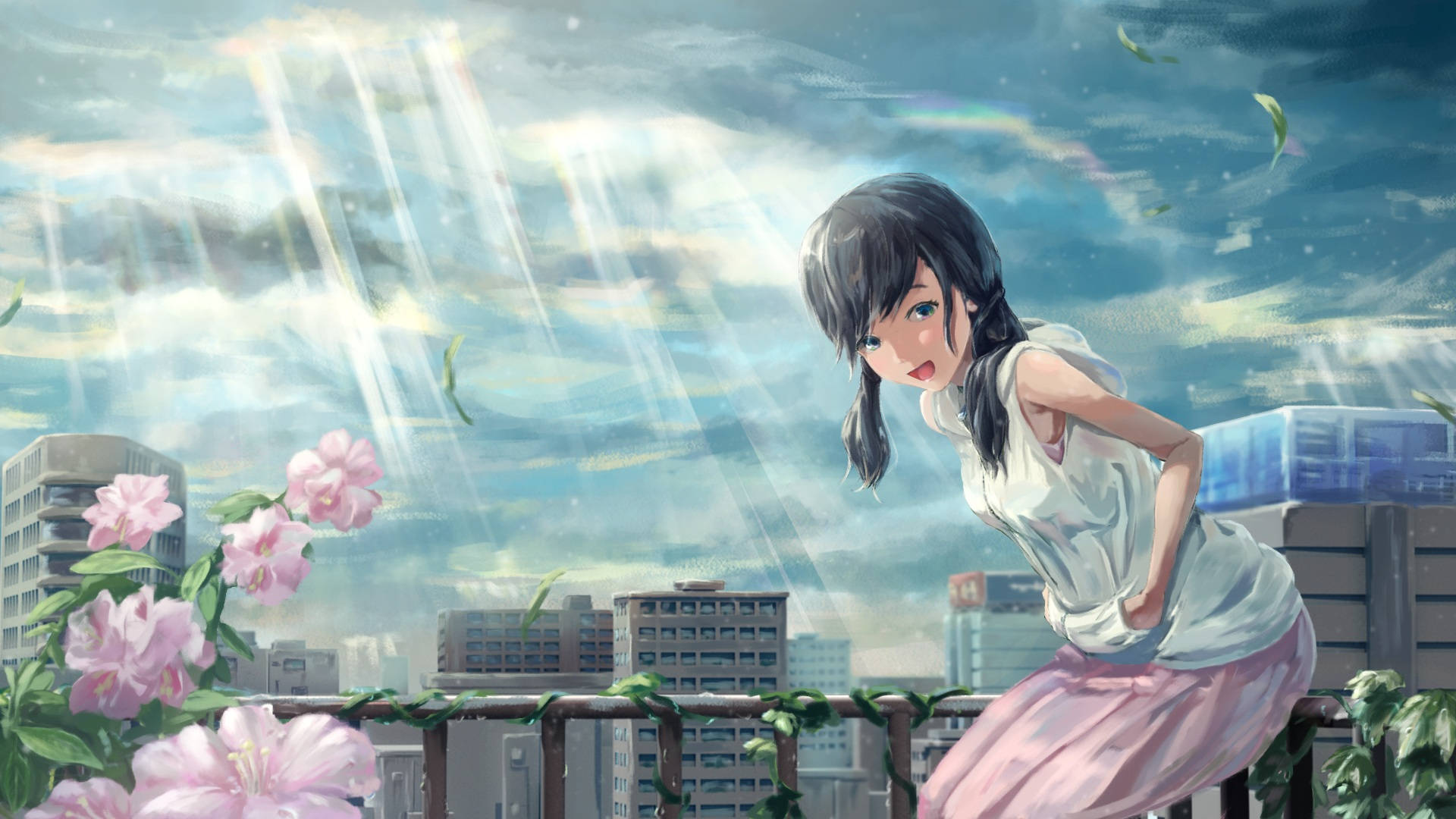 Weathering 桌布 壁紙 — 一個年輕的動漫女孩靠在陽台欄杆上，陽光穿過雲層照射在城市上空，前景有粉紅色的花朵。