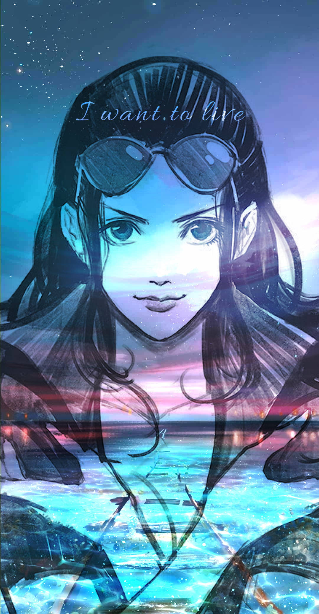 海賊王 桌布 壁紙 — 一個年輕的動漫女孩頭戴太陽眼鏡，在繁星點點的暮色天空和發光的水面背景下凝視前方。