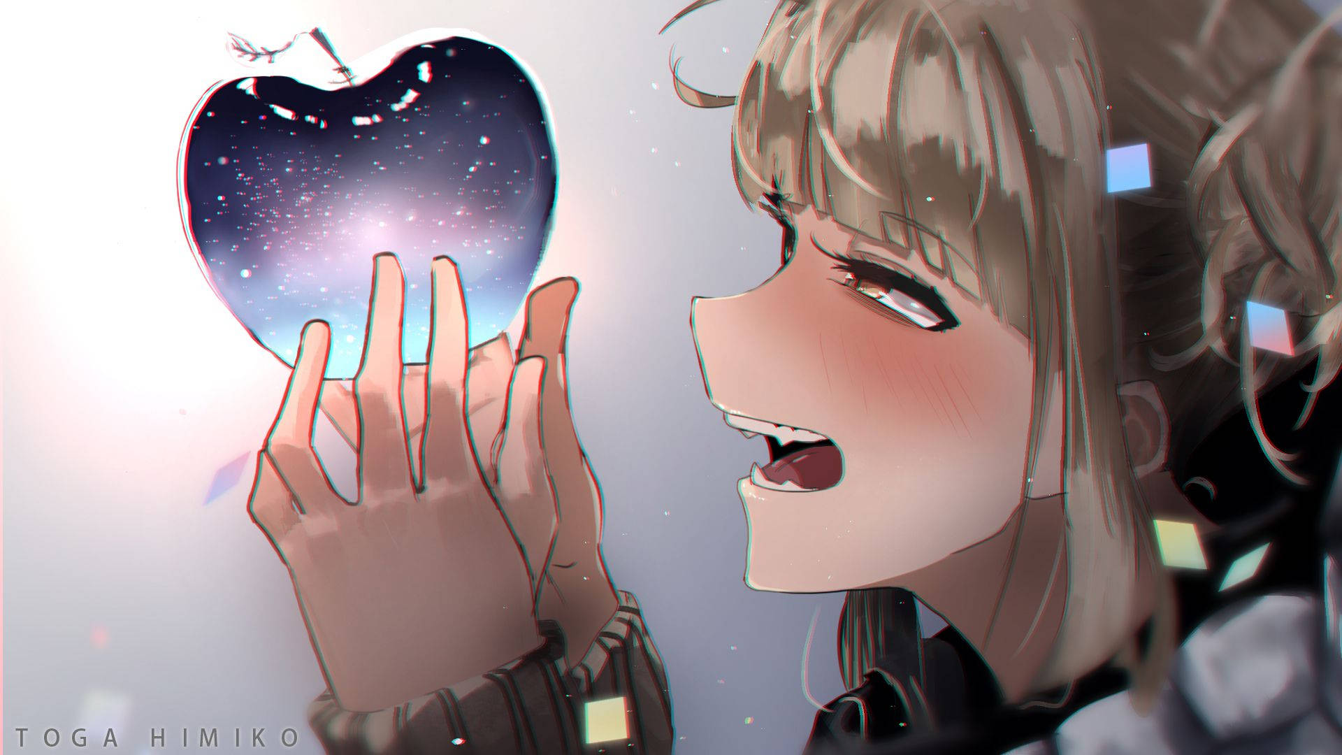 Toga 桌布 壁紙 — 一個年輕的動漫女孩驚奇地凝視著一個充滿旋轉星星和宇宙光芒的發光蘋果。