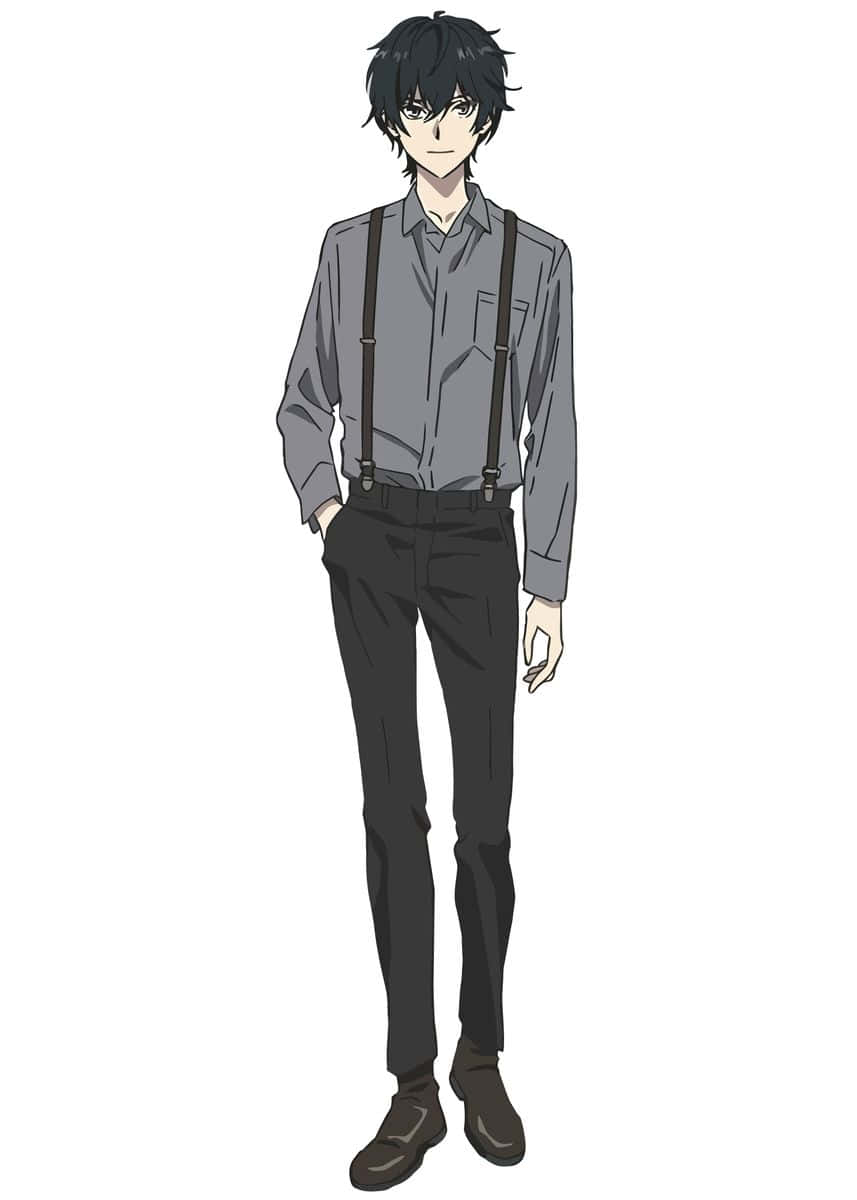 character design 桌布 壁紙 — 一個年輕的動漫男子，一頭凌亂的黑髮，穿著灰色襯衫、黑色褲子和吊帶褲，以全身姿勢站在純白色背景前。