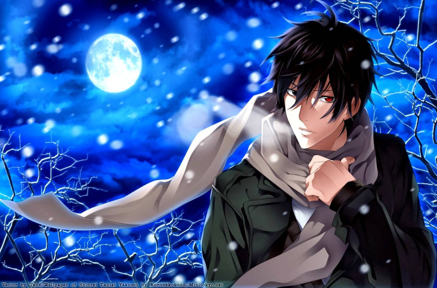 動漫男孩 桌布 壁紙 — 一個年輕的動漫男子，黑髮紅眼，站在雪夜中，滿月下，有光禿禿的樹木。