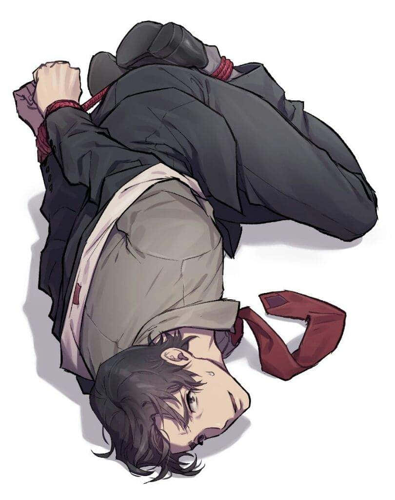 Gaku Yashiro 桌布 壁紙 — 一個年輕的動漫男子仰臥，脖子上繫著紅色領帶，雙手被綁，眼睛因痛苦而睜大。