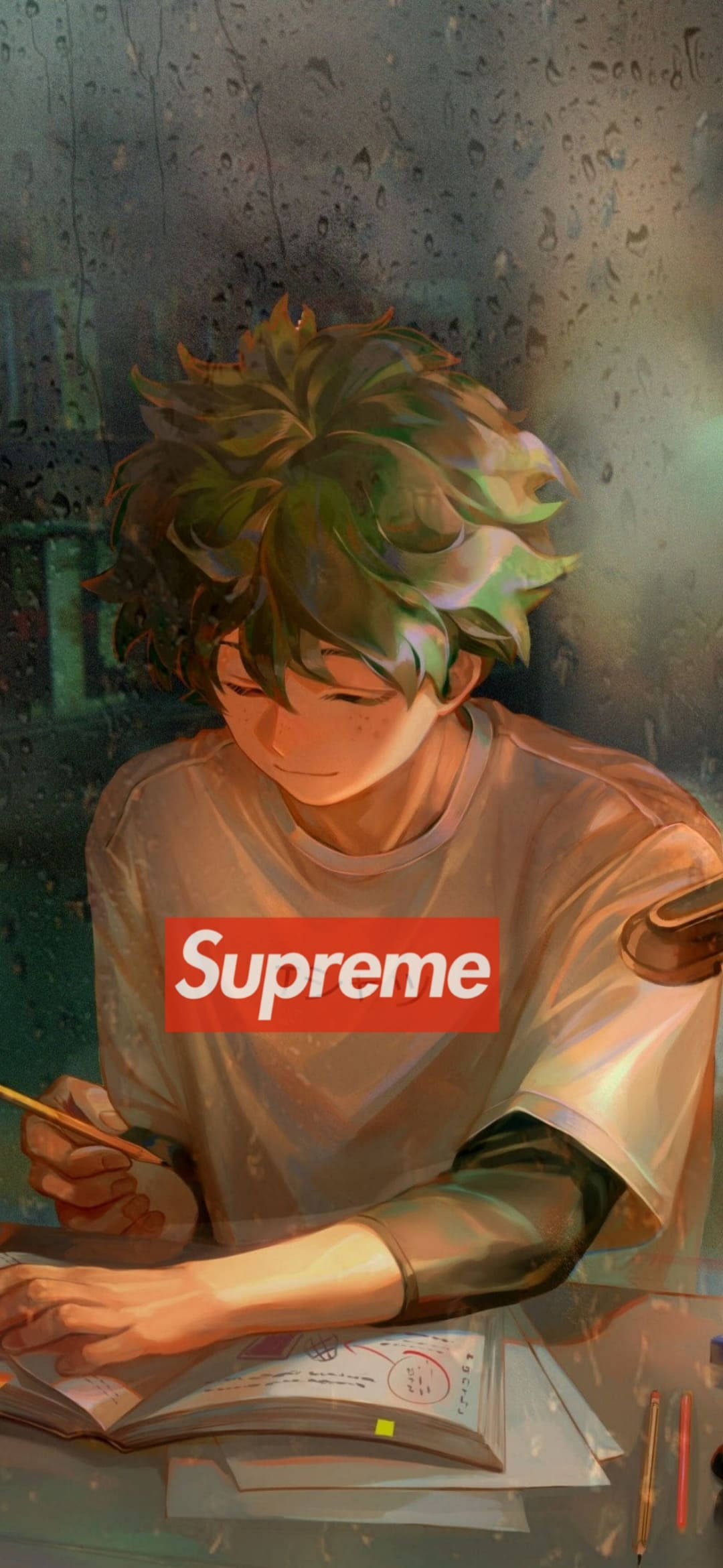 Red Supreme 桌布 壁紙 — 一個年輕的動漫男孩，一頭凌亂的綠色頭髮，穿著Supreme襯衫，在雨水斑駁的窗邊專心學習。