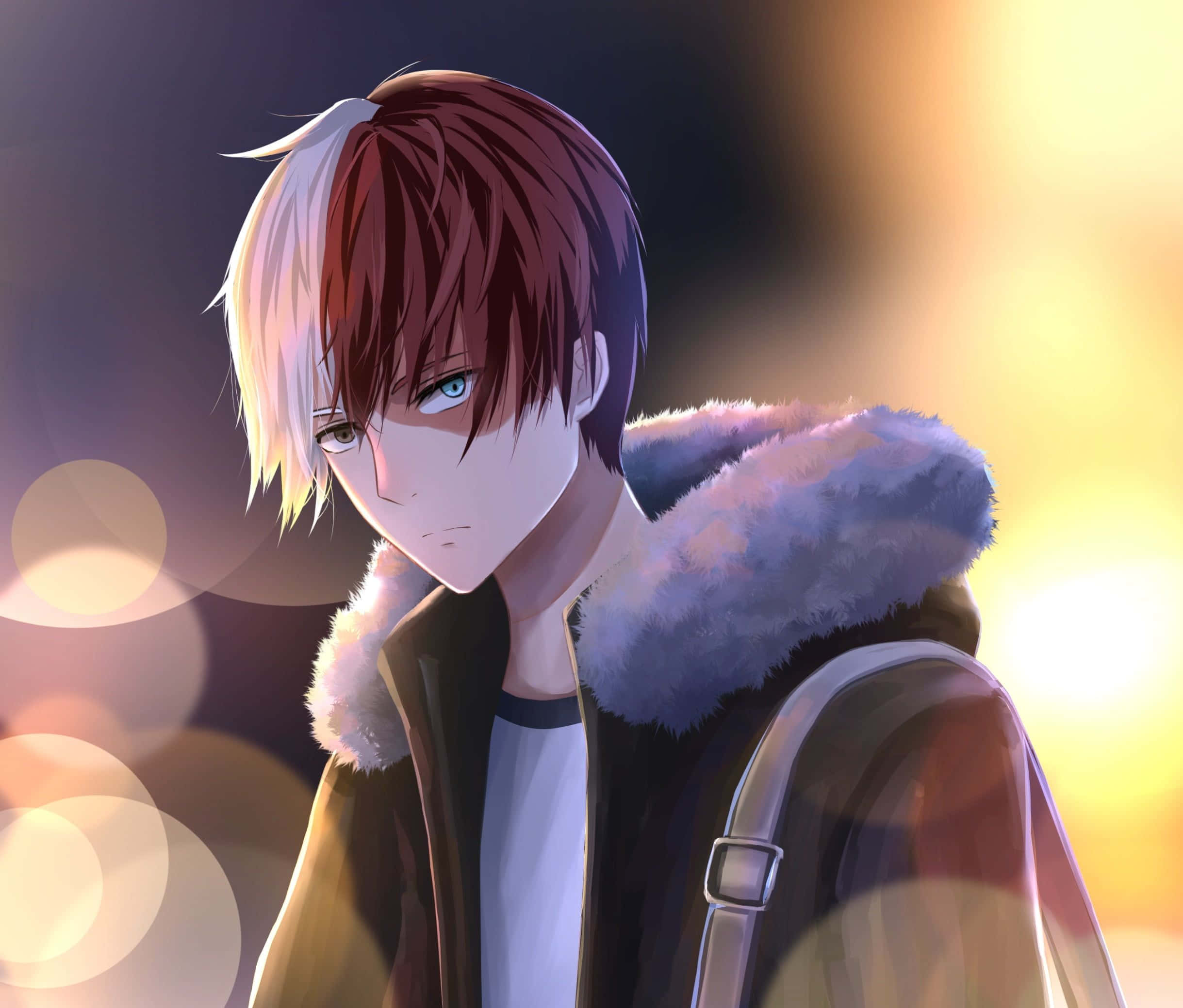 轟焦凍 桌布 壁紙 — 一個年輕的動漫男孩，半白半紅的頭髮和藍色的眼睛，穿著毛領夾克，背景是溫暖的散景。