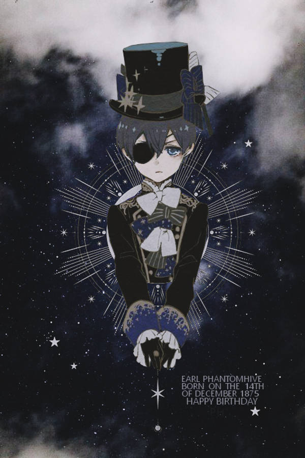 Black Butler 桌布 壁紙 — 一個年輕的動漫男孩，戴著眼罩和高帽，在星光燦爛的宇宙背景下漂浮，伴隨著耀眼的光束。