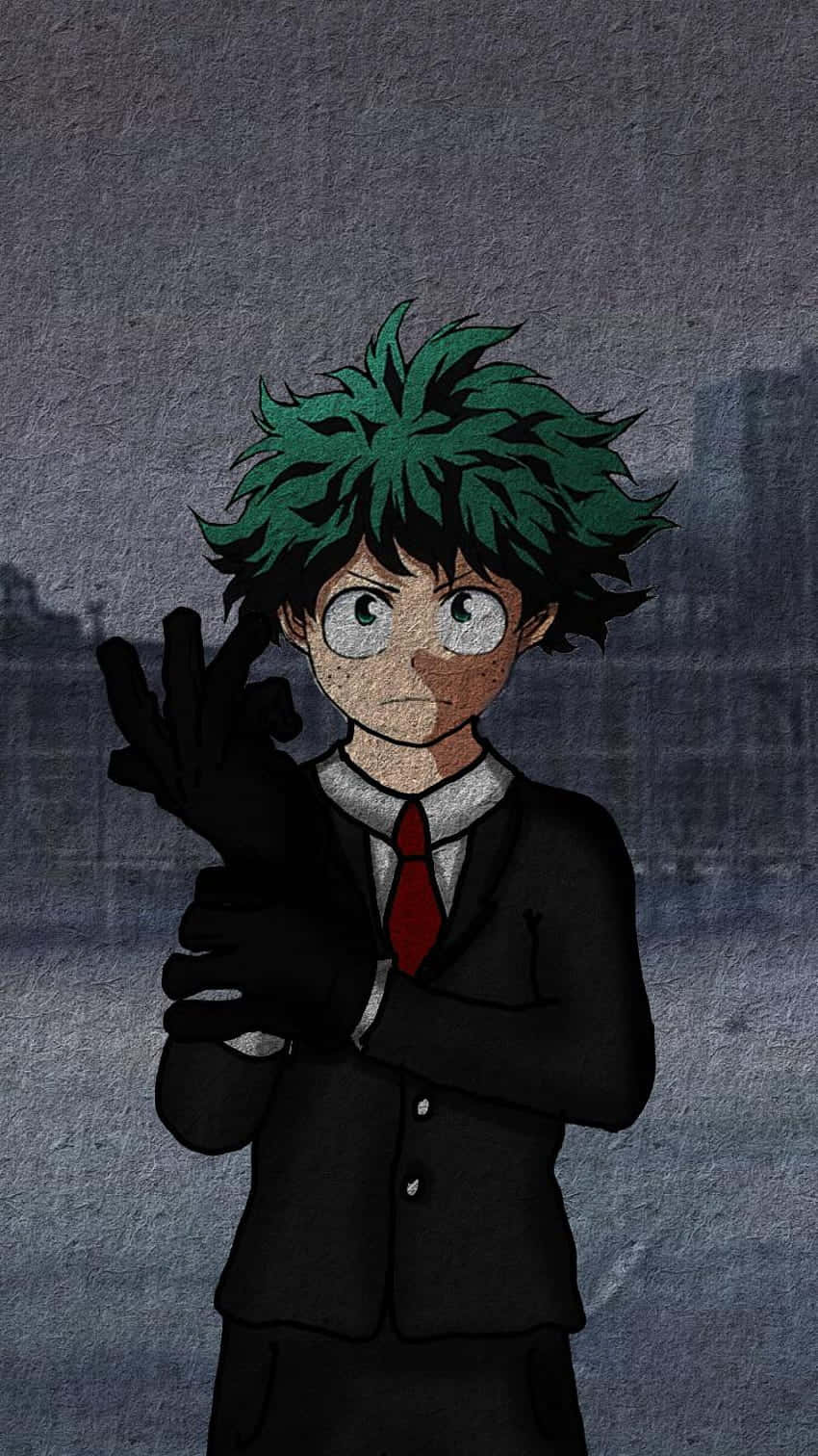 midoriya 桌布 壁紙 — 一個年輕的動漫男孩，擁有尖刺的綠色頭髮和大眼睛，穿著黑色西裝、紅色領帶和黑色手套，在灰色紋理背景前做手勢。