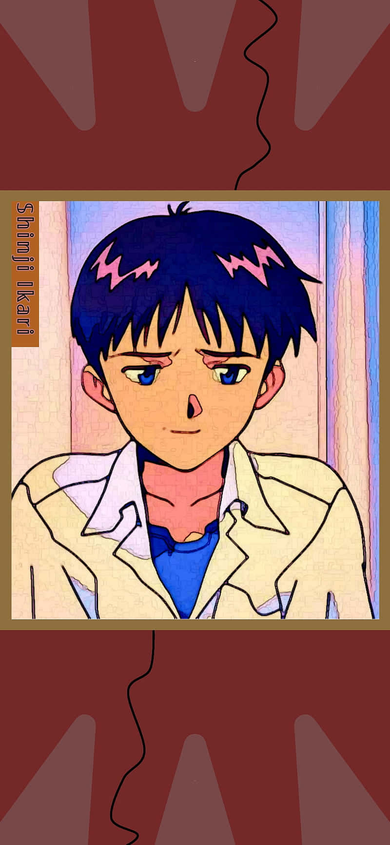 nge 桌布 壁紙 — 一個年輕的動漫男孩，擁有尖刺的藍色頭髮和粉紅色閃電標記，穿著米色外套內搭藍色襯衫，背景為柔和粉彩。