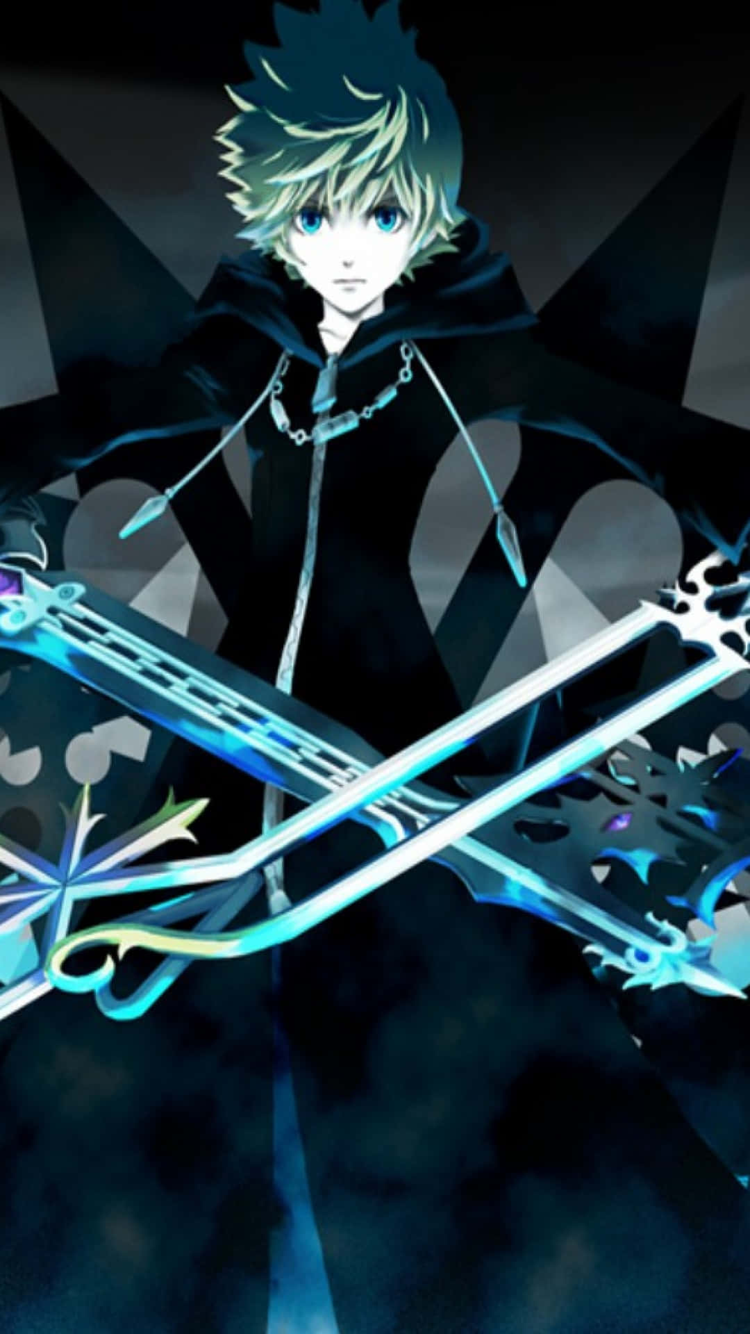 Kingdom Hearts Phone 桌布 壁紙 — 一個年輕的動漫男孩，擁有尖刺金髮和藍色眼睛，站在黑暗的幾何背景中，手持兩把發光的藍色鑰刃。