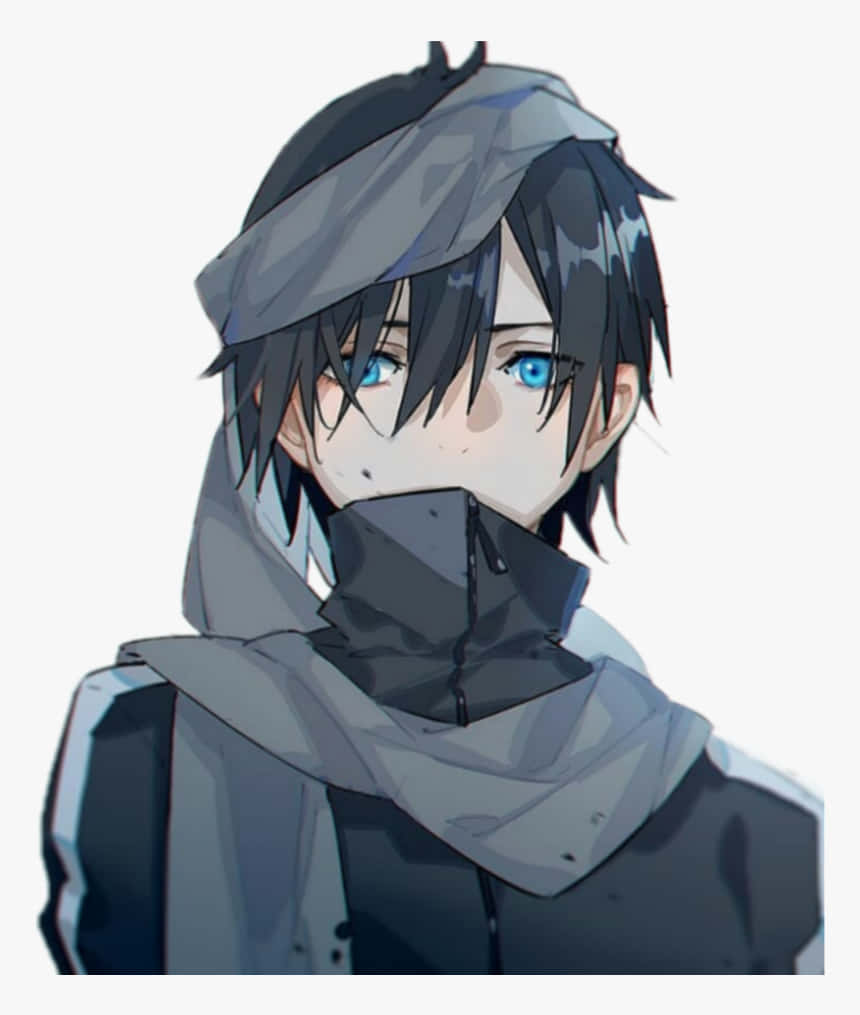 Cute Boy Anime 桌布 壁紙 — 一個年輕的動漫男孩，擁有引人注目的藍色眼睛和深色頭髮，穿著灰色連帽外套，背景是純白色。