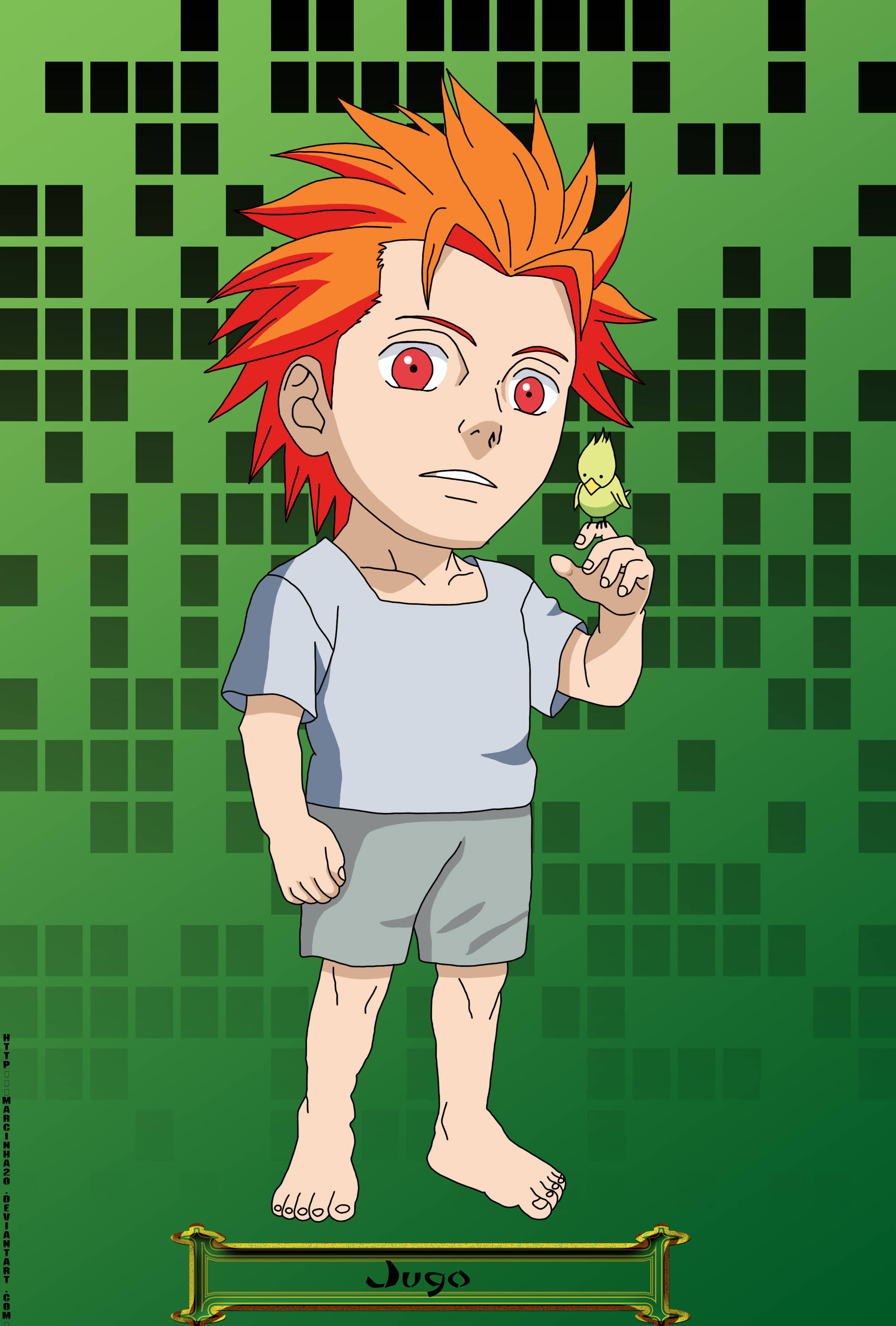 重吾 桌布 壁紙 — 一個年輕的動漫男孩，擁有火紅的橙色頭髮和紅色眼睛，在像素化的綠色背景上捧著一隻小綠鳥。