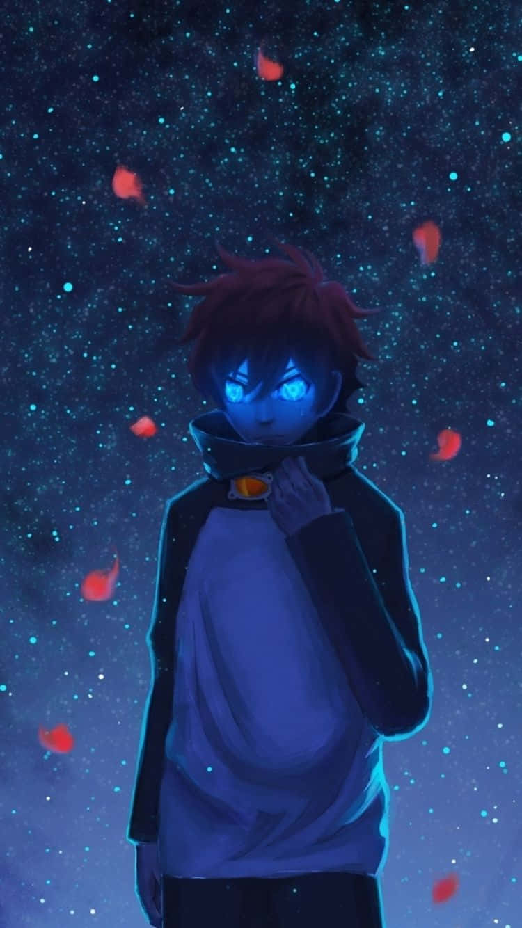動漫男孩 桌布 壁紙 — 一個年輕的動漫男孩，擁有發光的藍色眼睛和紅色頭髮，站在繁星點點的夜空下，紅色花瓣在他周圍飄落。