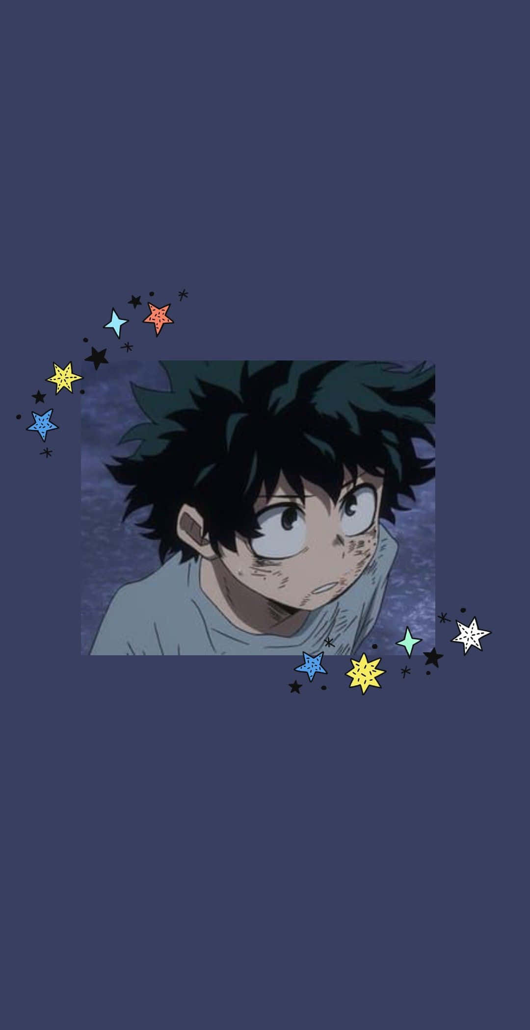 綠谷出久 桌布 壁紙 — 一個年輕的動漫男孩，有著凌亂的黑髮和大眼睛，在深藍色背景上被色彩繽紛的星星包圍，向上凝視。