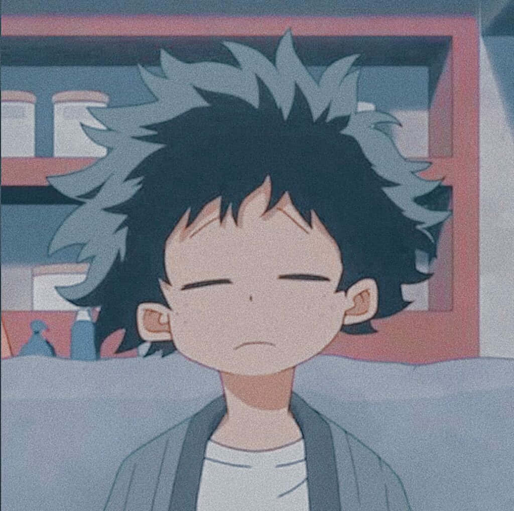 Discord 桌布 壁紙 — 一個年輕的動漫男孩，有著凌亂的黑髮和噘嘴的表情，坐在室內，背景是柔和的粉彩。