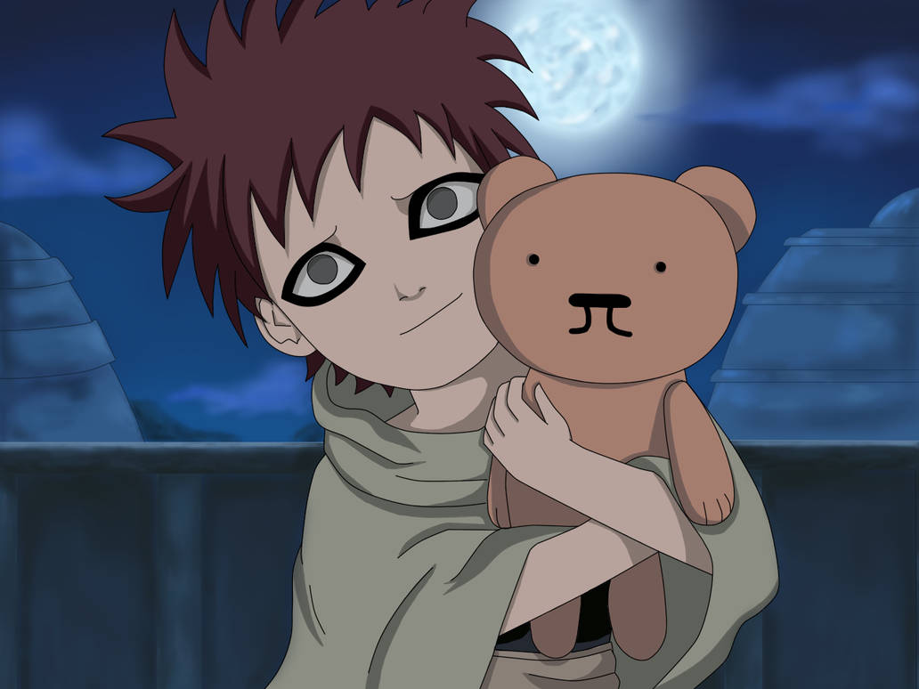 Gaara 桌布 壁紙 — 一個年輕的動漫男孩，有著刺刺的棕色頭髮，在夜晚發光的滿月下擁抱一隻棕色泰迪熊。