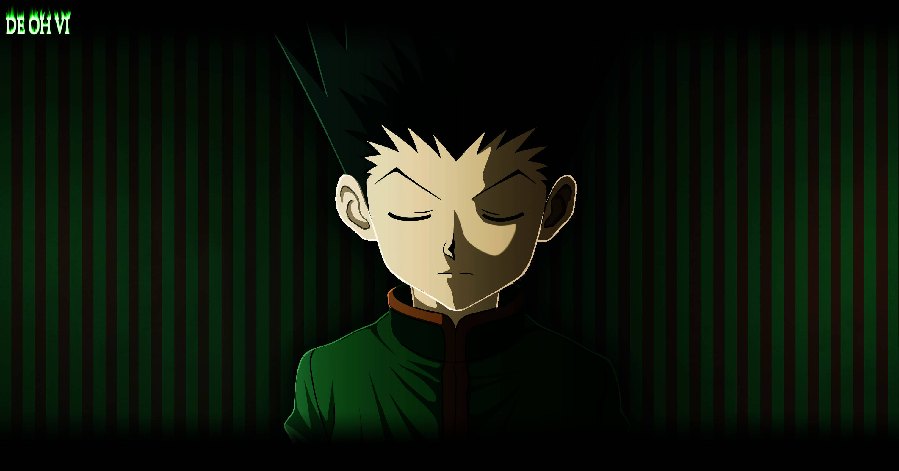 Gon 桌布 壁紙 — 一個年輕的動漫男孩，有著刺刺的黑髮和閉上的眼睛，站在昏暗的綠色光線中，背景是條紋的。