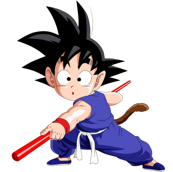 kid goku 桌布 壁紙 — 一個年輕的動漫男孩，有著刺蝟般的黑髮和尾巴，在黑色背景前擺出武術姿勢，揮舞著紅色長棍。