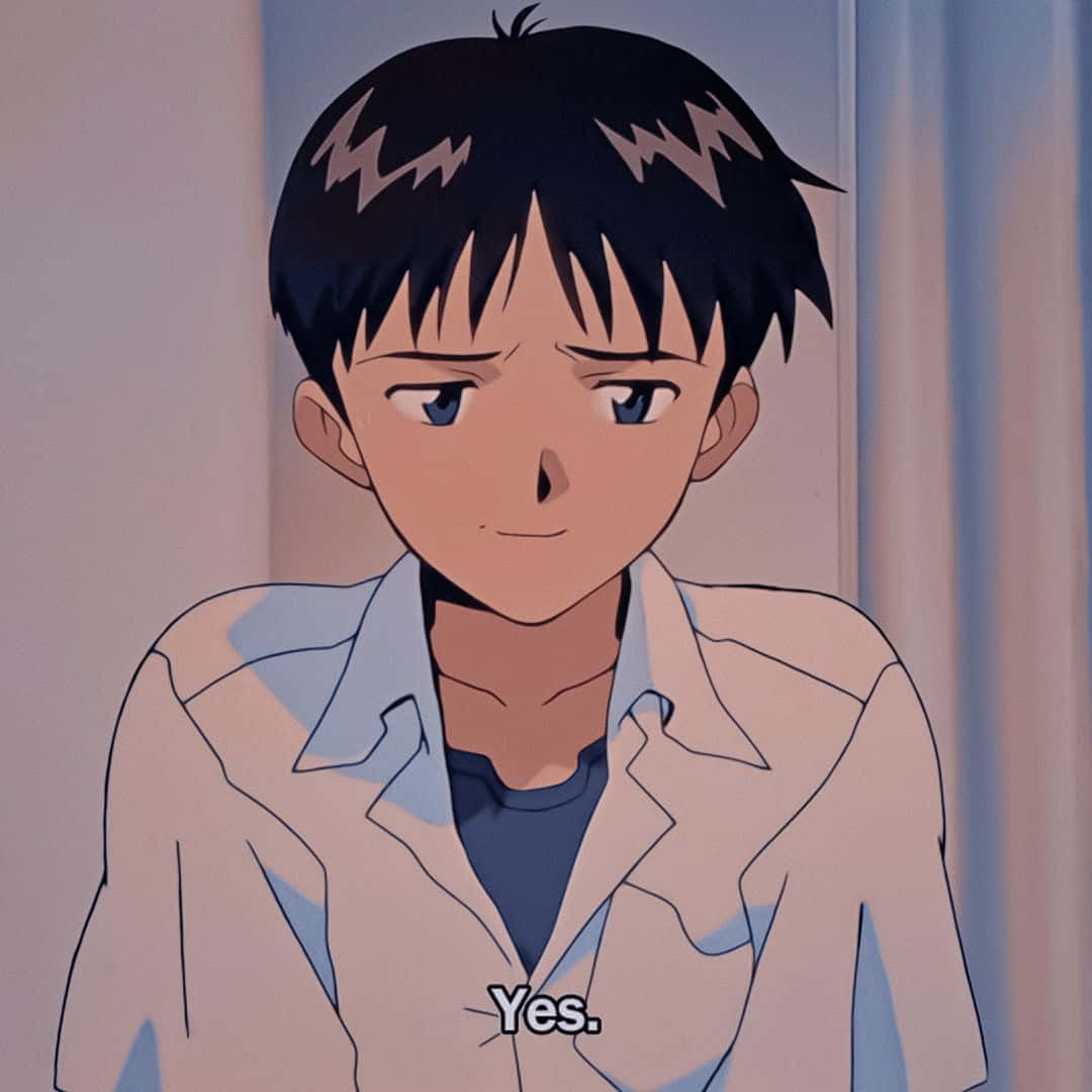 Shinji Ikari 桌布 壁紙 — 一個年輕的動漫男孩，有著刺蝟般的黑髮和藍眼睛，身穿淺色外套內搭深色襯衫，神情略顯沮喪，帶著一絲微笑。