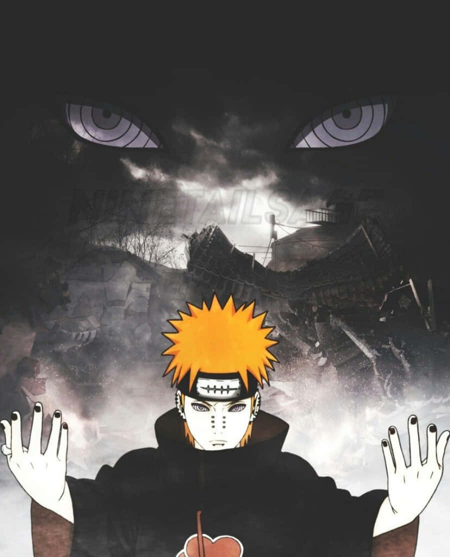 Pain Rinnegan 桌布 壁紙 — 一個年輕的動漫男孩，有著尖刺的橙色頭髮，站在一隻巨大的陰影狐狸面前，狐狸有著發光的紫色眼睛，背景是風暴肆虐的廢墟景觀。
