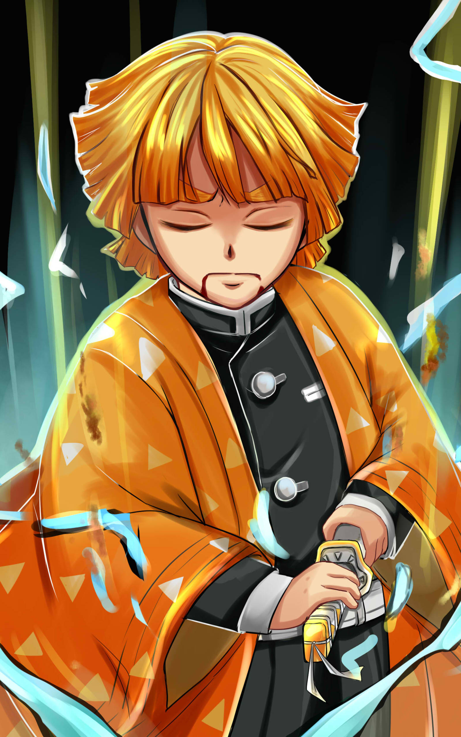 Demon Slayer Zenitsu 桌布 壁紙 — 一個年輕的動漫男孩，有著尖刺的橙色頭髮和閉著的眼睛，穿著橙色圖案羽織在黑色制服外面，手持一把藍色能量環繞的劍。