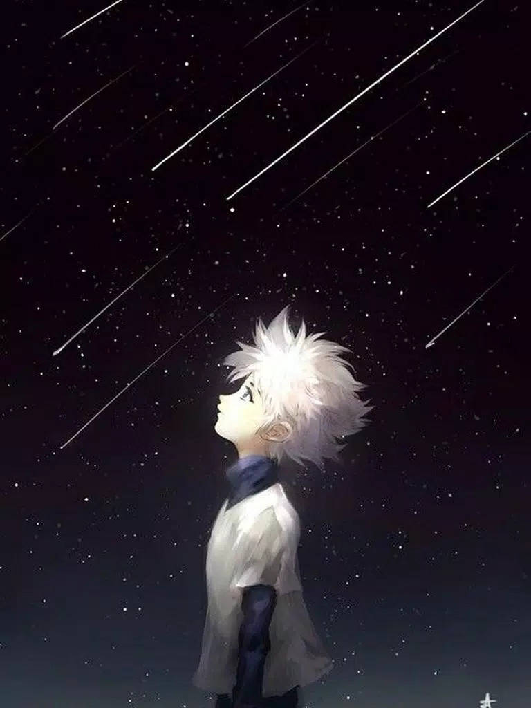 奇犽 桌布 壁紙 — 一個年輕的動漫男孩，有著尖刺的白髮，仰望佈滿流星劃過的星空夜空。