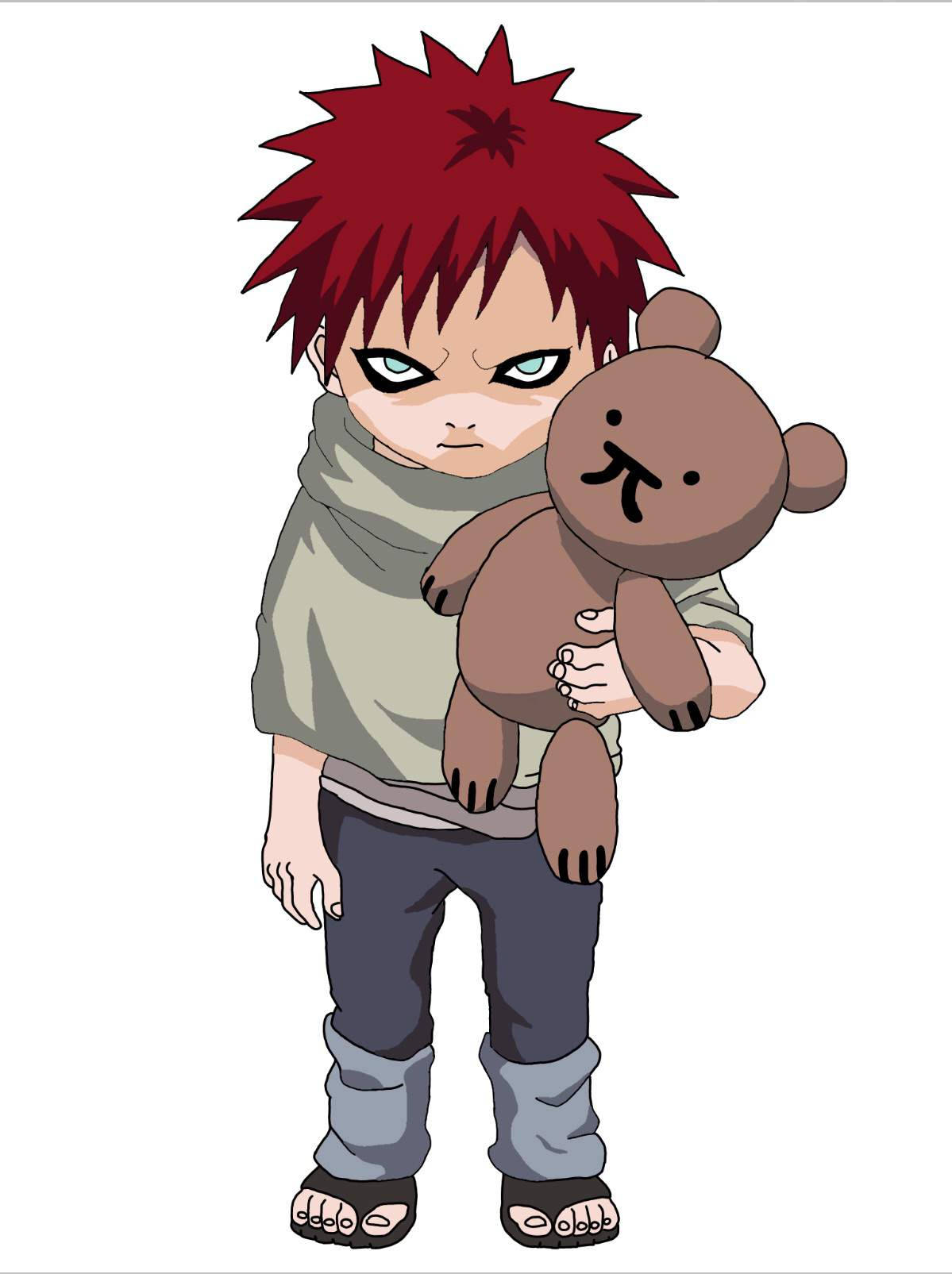 Gaara 桌布 壁紙 — 一個年輕的動漫男孩，有著尖刺的紅髮和憤怒的眼神，緊緊抓住一隻縫著微笑的棕色泰迪熊。