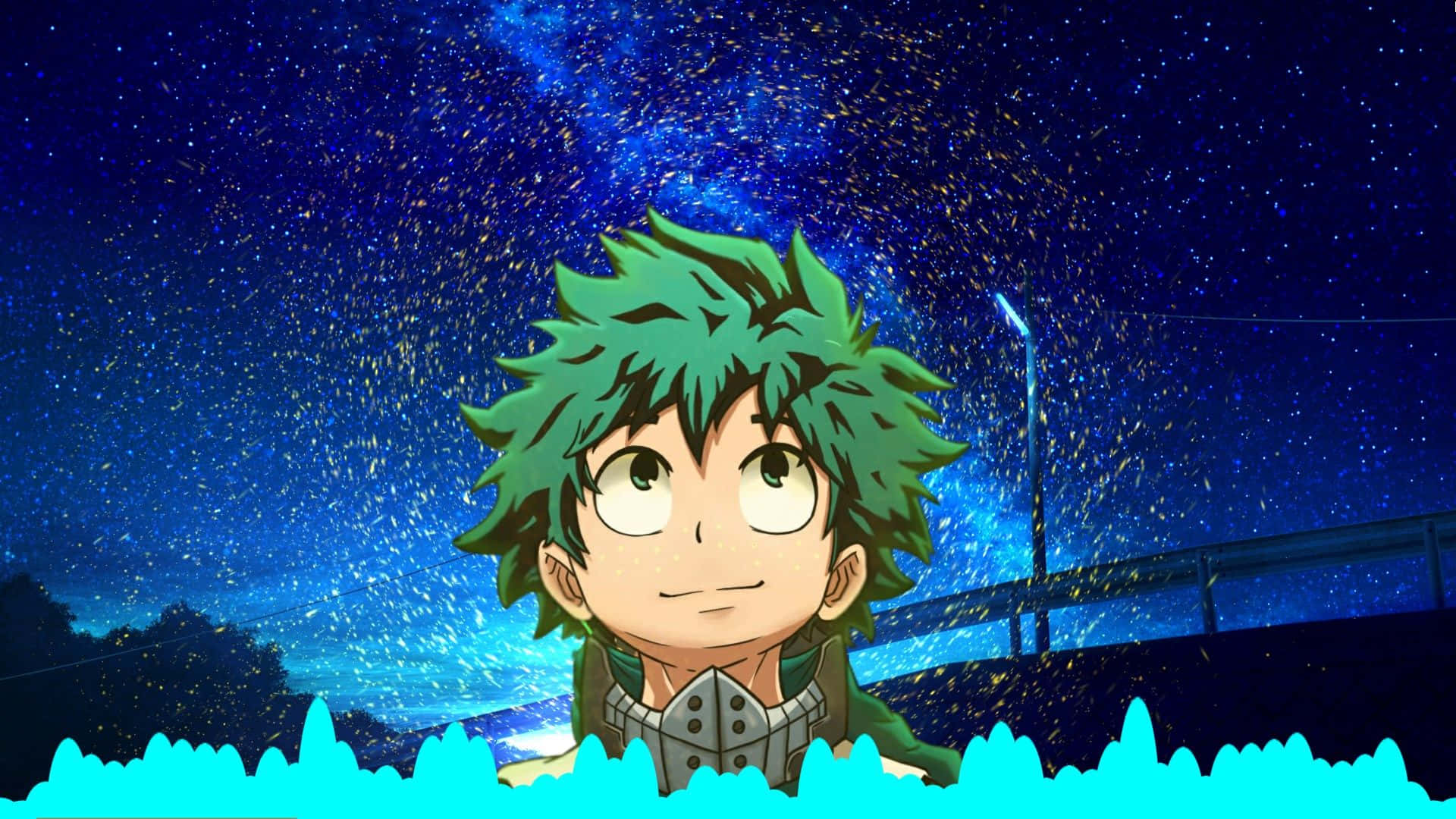 桌布 壁紙 — 一個年輕的動漫男孩，有著尖刺的綠色頭髮，在充滿發光粒子的 vibrant 星空下向上凝視。