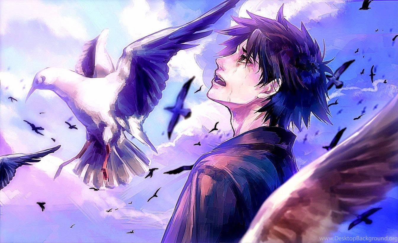 動漫男孩 桌布 壁紙 — 一個年輕的動漫男孩，有著尖尖的紫色頭髮，抬頭仰望，一隻大白鳥在他身邊翱翔，背景是夢幻般的紫色天空，充滿了較小的鳥。