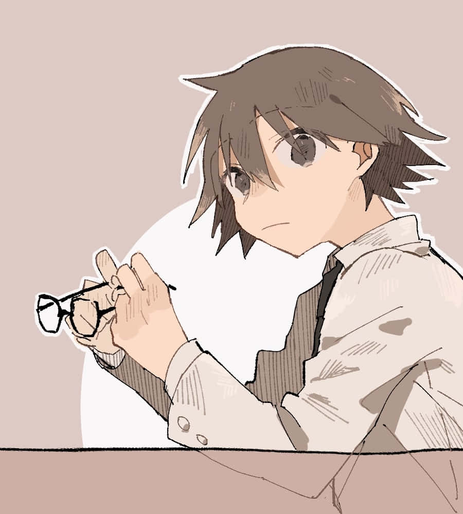 Shinra Kishitani 桌布 壁紙 — 一個年輕的動漫男孩，棕色亂髮，坐在桌旁，拿著眼鏡，表情若有所思。